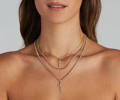 Rhinestone Cross Charm Layered Necklace