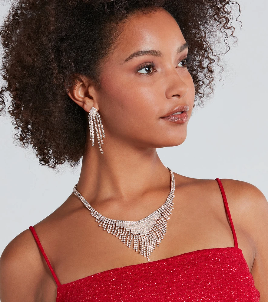 Level Up The Glitz Rhinestone Fringe Necklace And Earrings Set