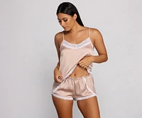 Dainty Floral Lace Trim Satin Pajama Tank And Shorts