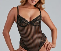 For Romance Lace Stripe Mesh Teddy