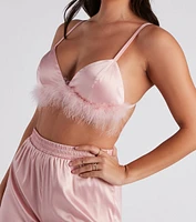 Flirtatious Satin Feather Trim Pajama Set