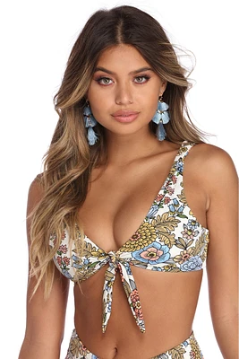 Cream Floral Animation Bikini Top