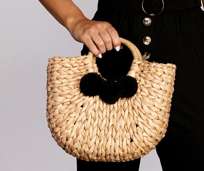 Pom Pom Straw Tote Bag