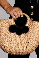 Pom Pom Straw Tote Bag