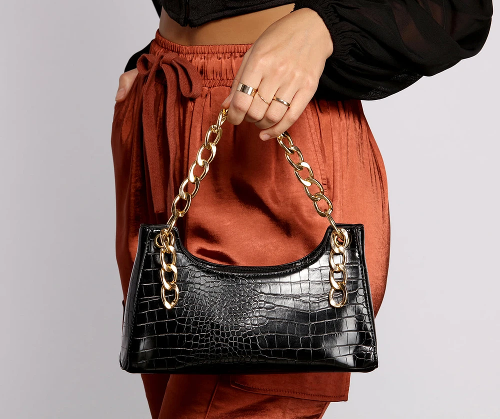 Croc Embossed Chain Link Shoulder Bag