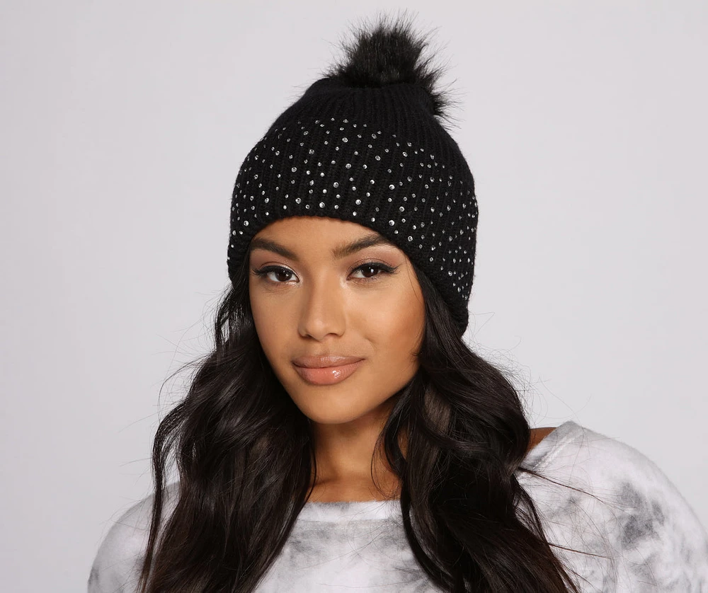 Rhinestone Glamour Pom Knit Beanie