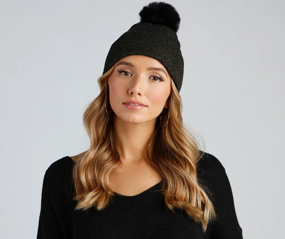 Shimmer Lurex Faux Fur Pom Beanie