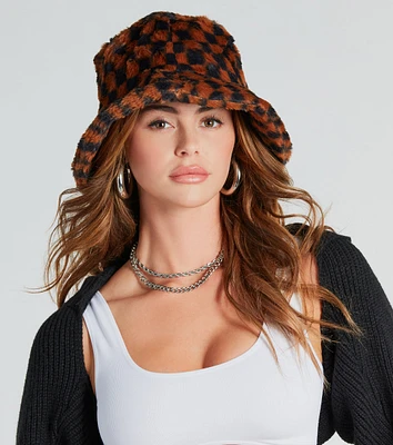 Cuddly Cute Checkered Faux Fur Bucket Hat