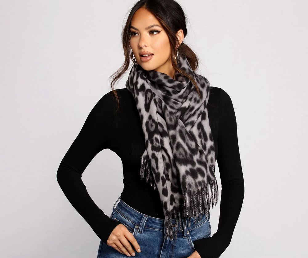 Leopard Print Fringe Blanket Scarf