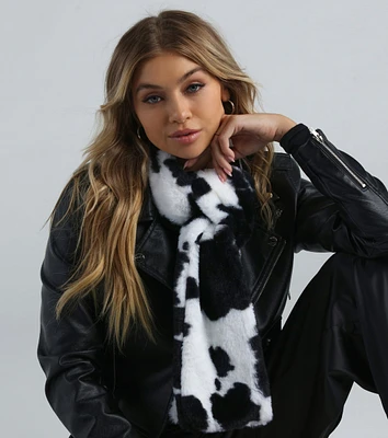 Get Spotted Cow Print Faux Fur Scarf