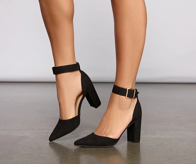 Poised Pointed Faux Suede Block Heels