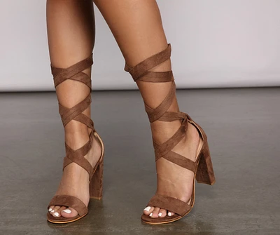 Lace-Up Glam Faux Suede Block Heels