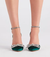 Chic Perfection Rhinestone Bow Satin Pumps