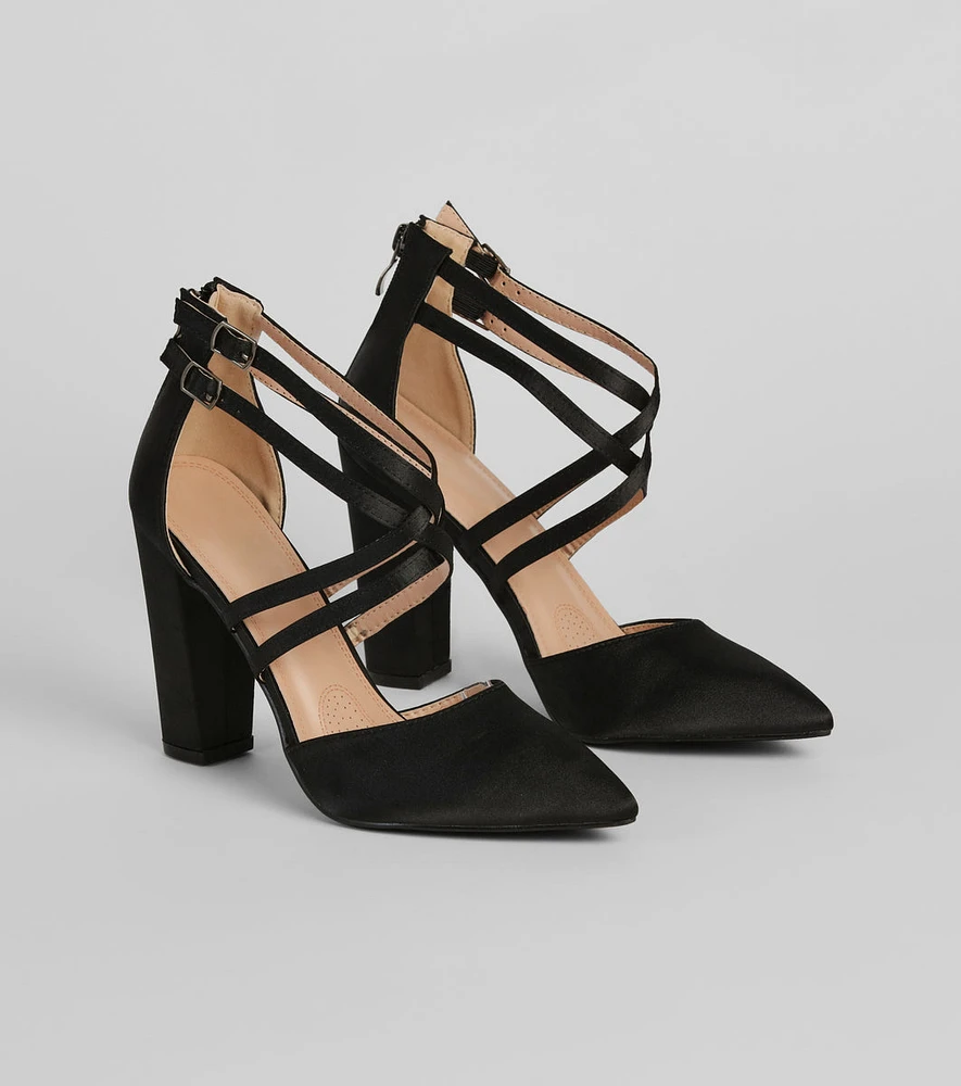 Smooth Charm Satin Strappy Block Heel Pumps