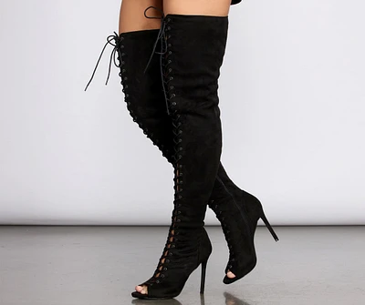 Peep Toe Lace Up Thigh High Stiletto Boots