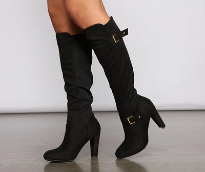 Buckle Detail Pointed Toe Block Heel Boots