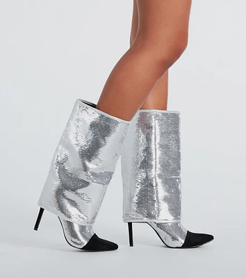 Girl's Night Sequin Fold-Over Stiletto Boots