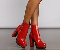 Red Hot Faux Patent Leather Lug Booties