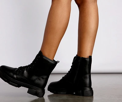 Faux Leather Combat Lug Sole Booties