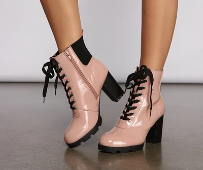 Edgy-Chic Patent Faux Leather Block Heel Booties