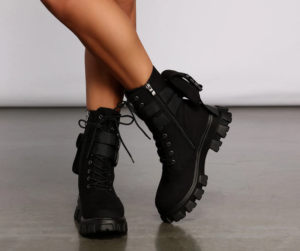 Faux Suede Combat Booties With Pouch