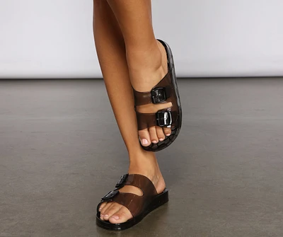 Clearly On-Trend Two-Strap Buckle Sandals