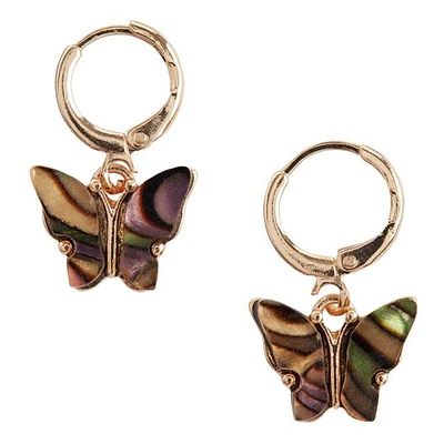 Gold Abalone Butterfly Huggie Hoop Earrings