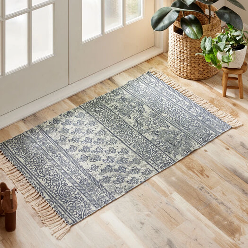 World Market Eden Blue and Ivory Floral Stripe Cotton Area Rug | The Market  Place