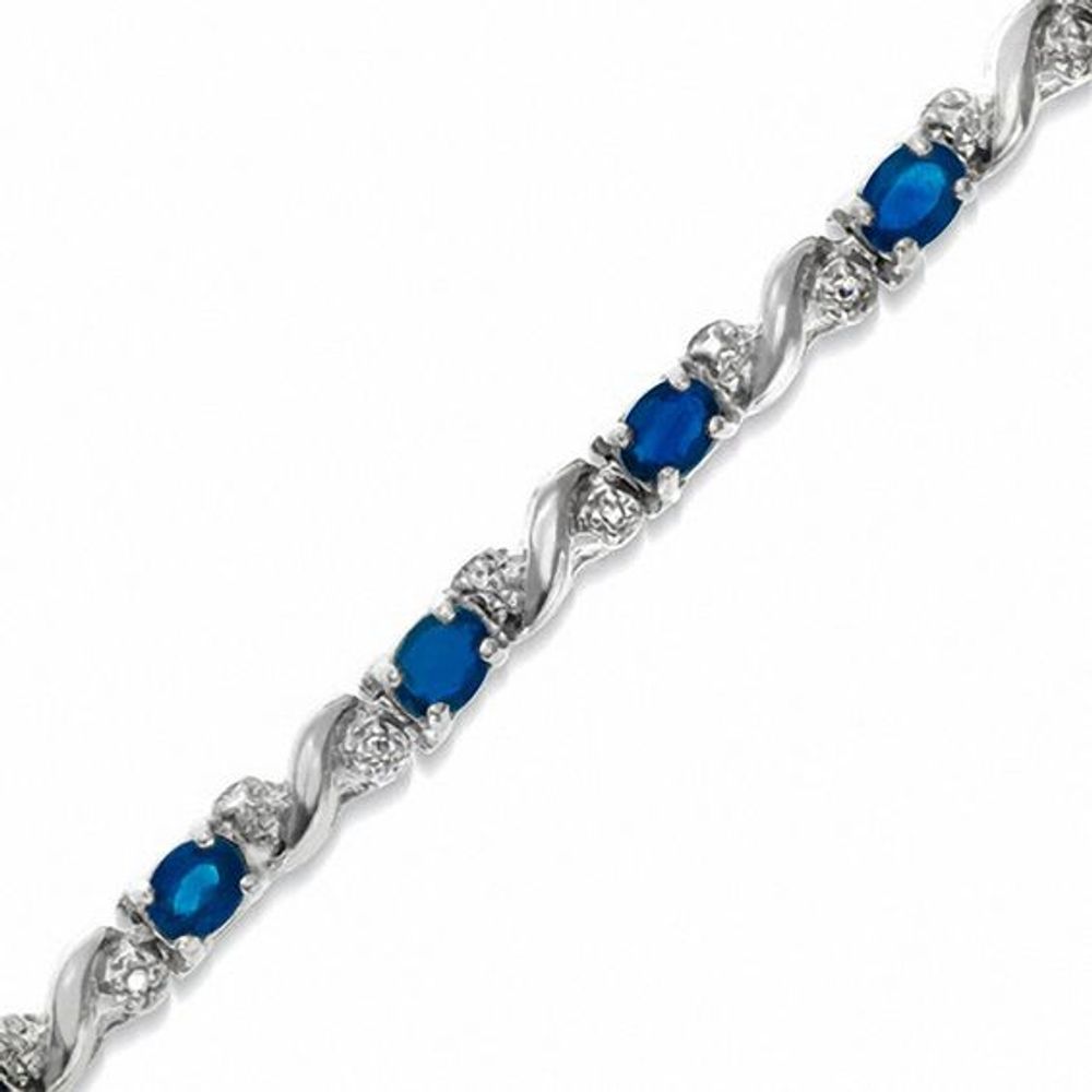 Oval Blue Sapphire "S" Bracelet in 10K White Gold with Diamond Accents