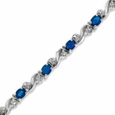 Oval Blue Sapphire "S" Bracelet in 10K White Gold with Diamond Accents