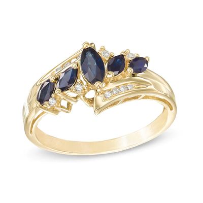 5-Stone Marquise Blue Sapphire Ring with Diamond Accents in 10K Gold - Size 7