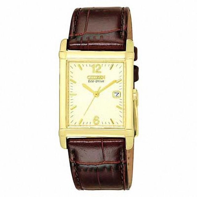 Men's Citizen Square Eco-Drive Watch with Rich Champagne Dial and Gold-Tone Case and Bezel (Model: Bw0072-07P)