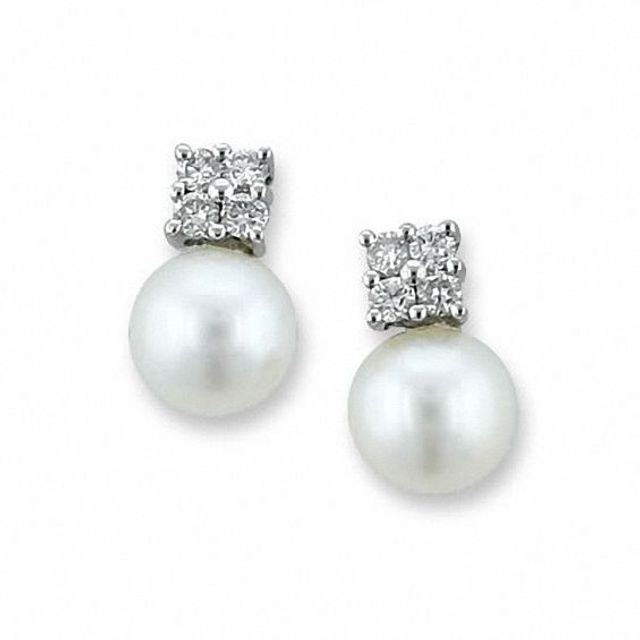 Freshwater Cultured Pearl Earrings in 14K White Gold with Diamond Accents