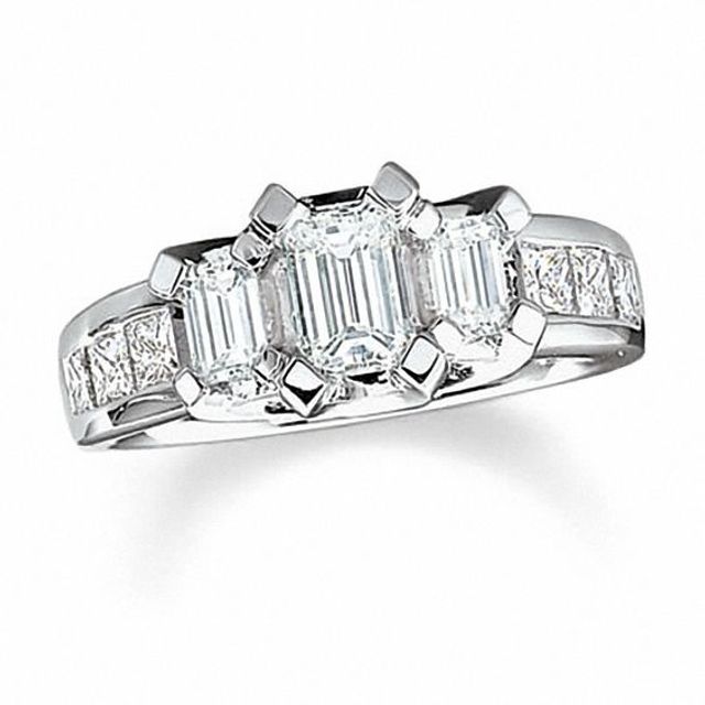 3 CT. T.w. Emerald- Cut Diamond Three Stone Engagement Ring in 14K White Gold