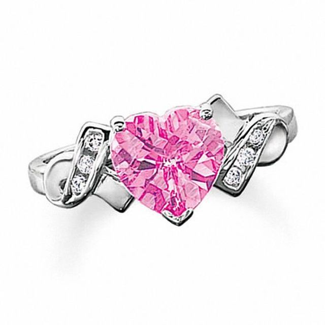 Lab-Created Pink and White Sapphire Heart Ring in 10K White Gold