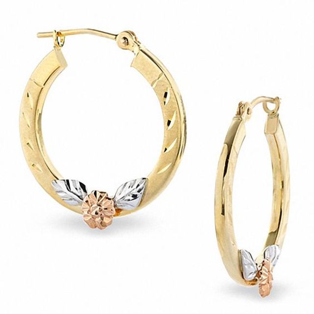 14K Tri-Tone Gold Hoop Earrings with Pink Flower Accent