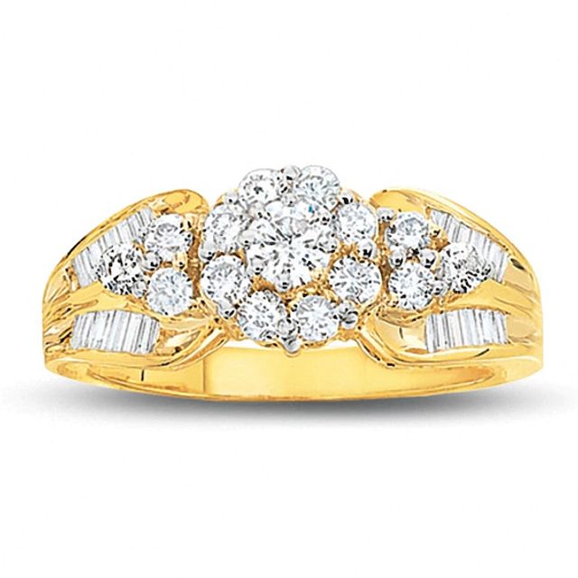 1 CT. T.w. Diamond Cluster Ring in 10K Gold with Baguette Diamond Accents