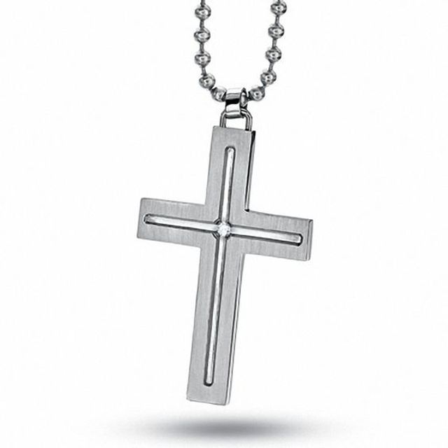 Men's Stainless Steel Cross Pendant on a Bead Chain with Diamond Accent