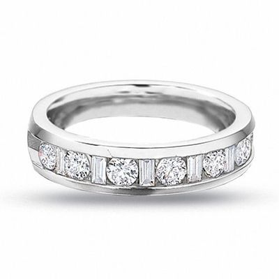 1/2 CT. T.w. Round and Baguette Diamond Channel Band in 14K White Gold