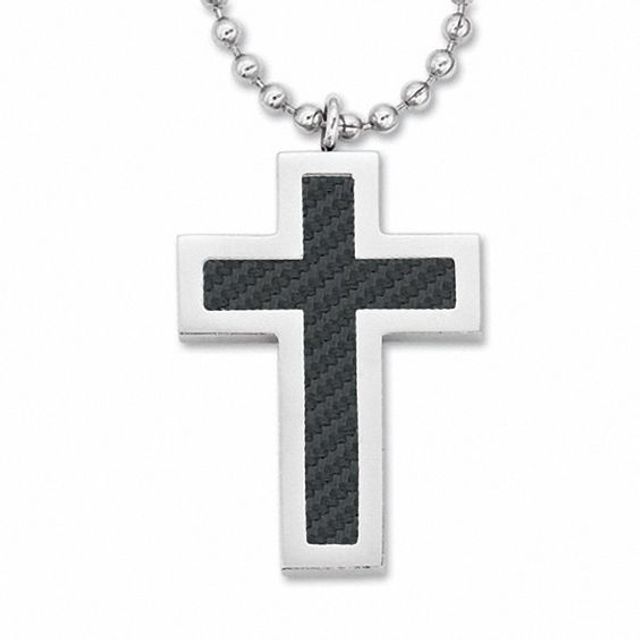 Men's Stainless Steel Cross Pendant with Carbon Fiber Accents