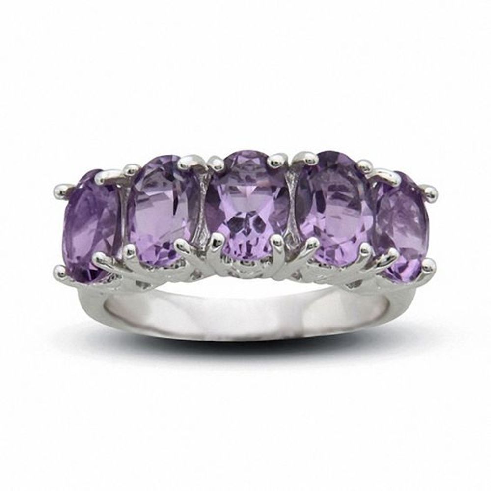 Sterling Silver Five Stone Oval Amethyst Fashion Ring