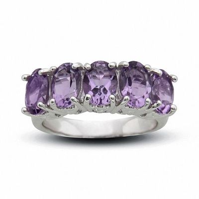 Sterling Silver Five Stone Oval Amethyst Fashion Ring