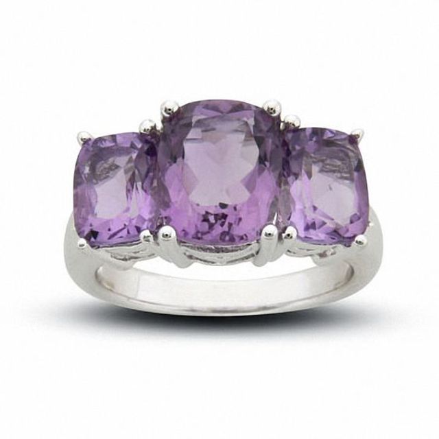 Cushion-Cut Amethyst Three Stone Ring in Sterling Silver