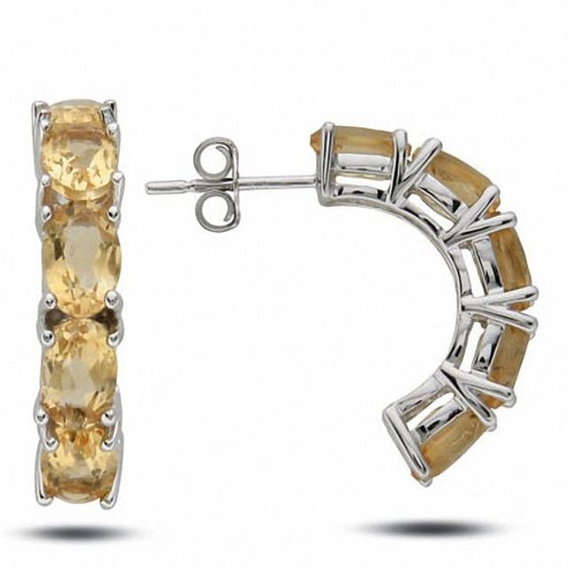 Sterling Silver Oval Citrine Half Hoop Earrings