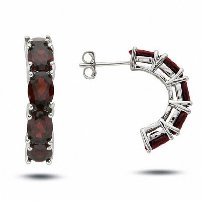 Sterling Silver Oval Garnet Half Hoop Earrings