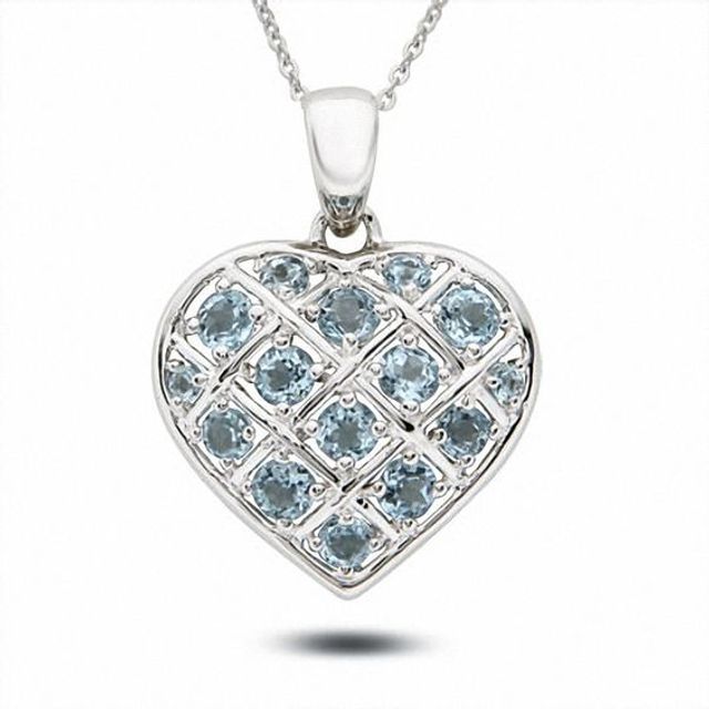 Sterling Silver Round Blue Topaz Basket Weave Heart Pendant