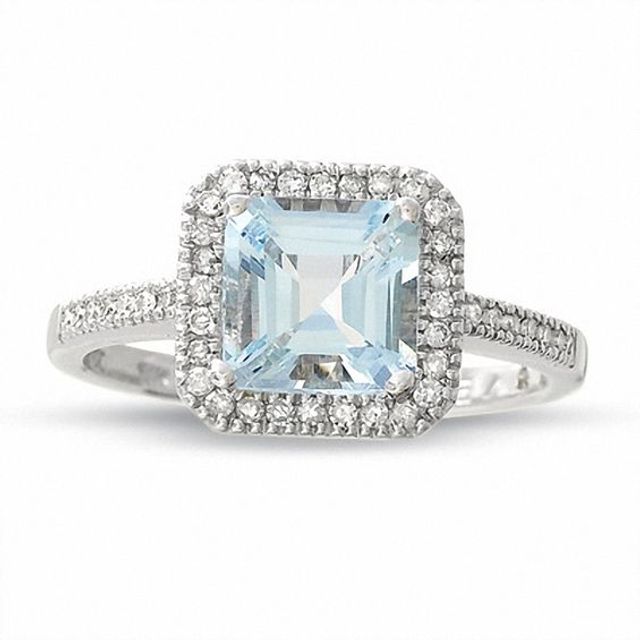 Square Aquamarine Ring in 14K White Gold with Diamond Accents