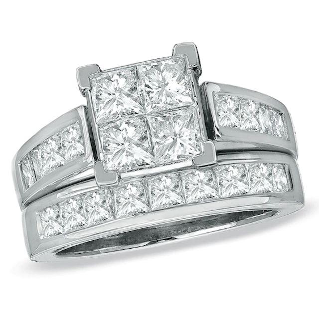 3 CT. T.w. Quad Princess Cut Diamond Bridal Set in 14K White Gold