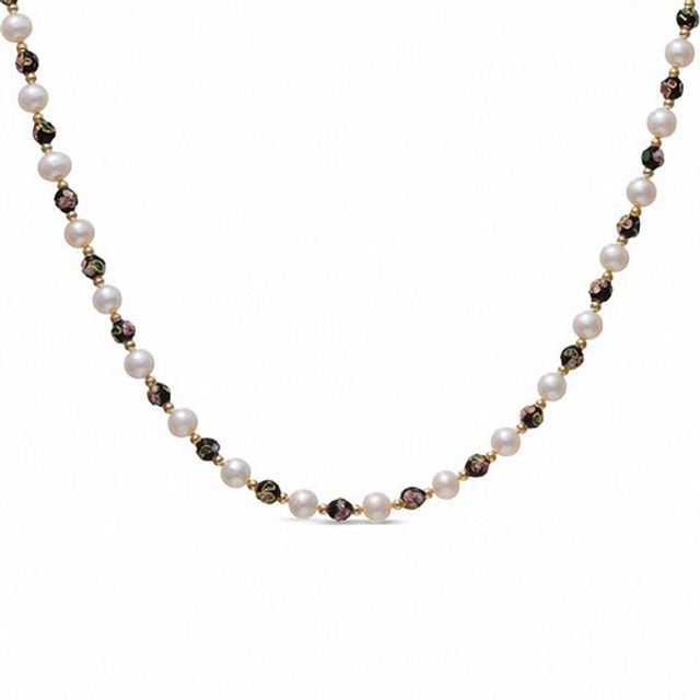 Cultured Freshwater Pearl Necklace in 14K Gold with CloisonnÃ© and Bead Accents