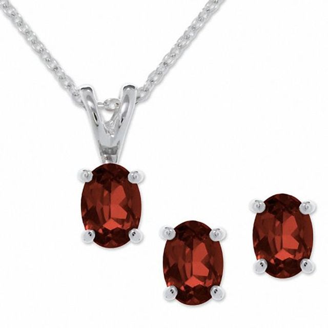 Oval Garnet Earring and Pendant Set in Sterling Silver
